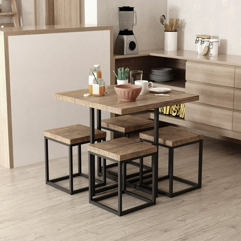 Dining Table Set Square Top Nesting Stools Walnut Finish