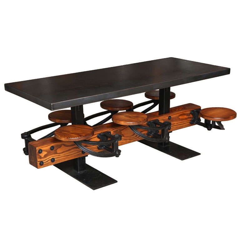 Dining Table Set Swing Out Seats Cast Iron Base Cafeteria Style
