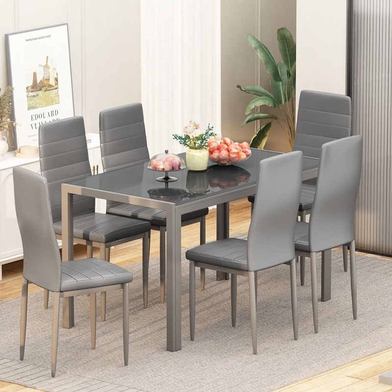 Dining Table Set Tempered Glass High Back Upholstery Black Metal Legs