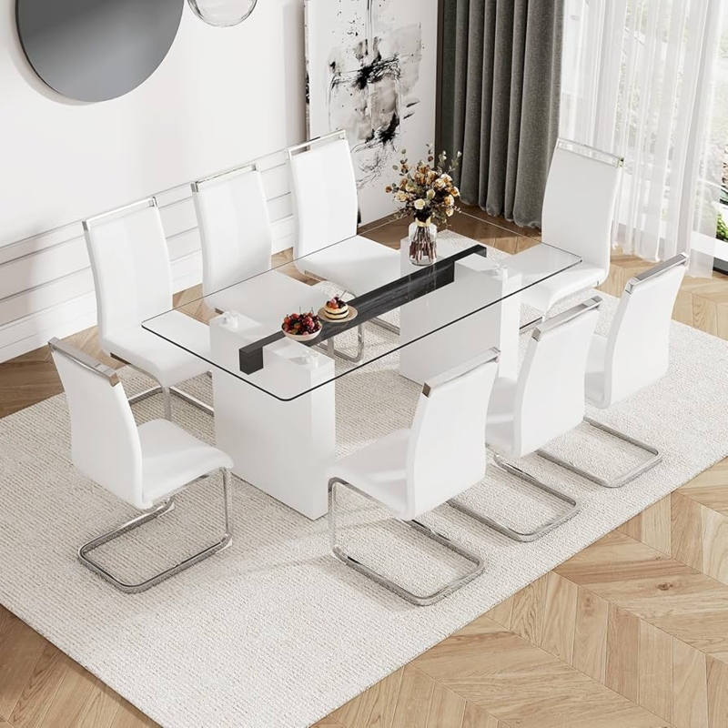 Dining Table Set Tempered Glass Top Chrome Trestle Base Modern