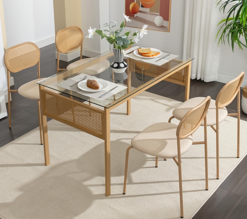 Dining Table Set Tempered Glass Top Rattan Base Cane Back Chairs