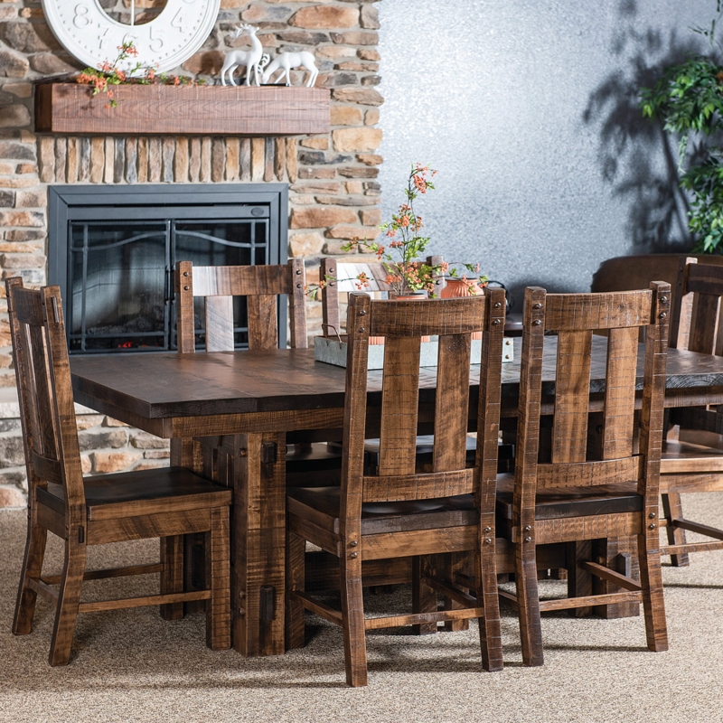 Dining Table Set Trestle Base Rough Sawn Wood Slat Chairs