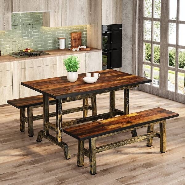 Dining Table Set Vintage Brown Backless Benches Industrial Kitchen