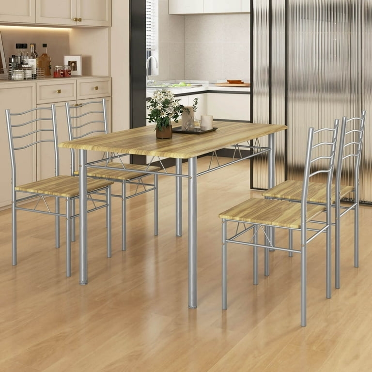 Dining Table Set Walnut Finish Black Metal Frame Slatted Back