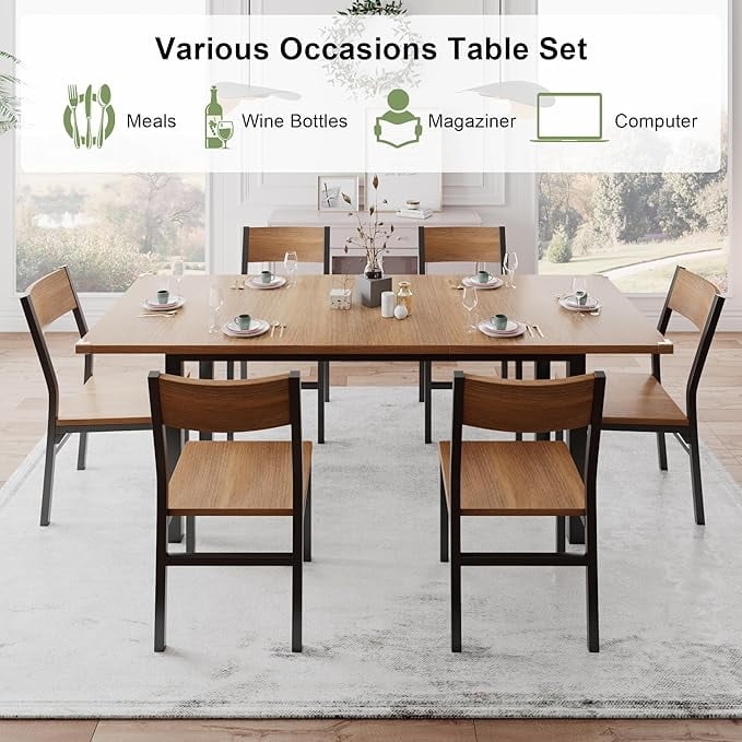 Dining Table Set Walnut Finish Splayed Legs Dark Grey Upholstery