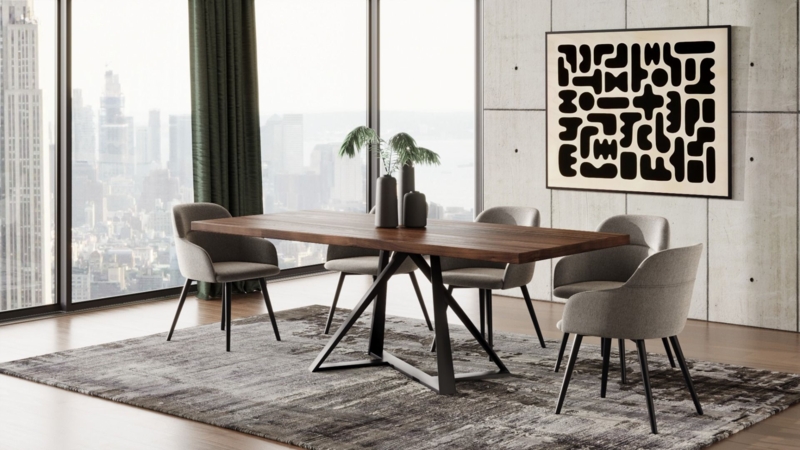 Dining Table Set Walnut Top Grey Upholstered Chairs X-Legs