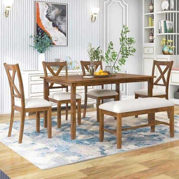 Dining Table Set Warm Cherry Wood Finish Six Piece Layout