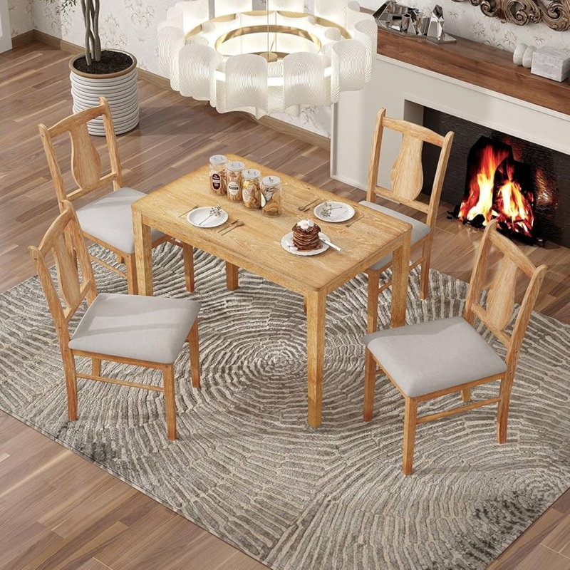 Dining Table Set, Weathered Driftwood Finish, Trestle Base, Rustic Style