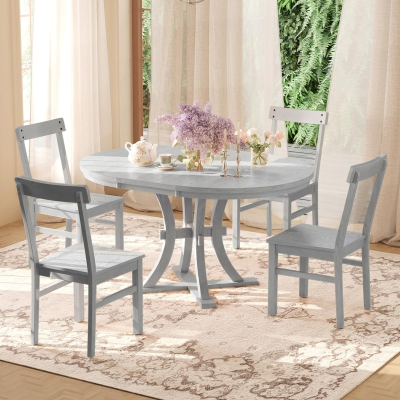 Dining Table Set Weathered Gray Round Pedestal X-Back Chairs