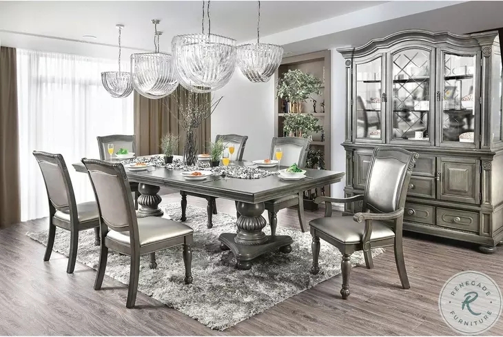 Dining Table Set Weathered Gray Trestle Base Button Tufted Chairs