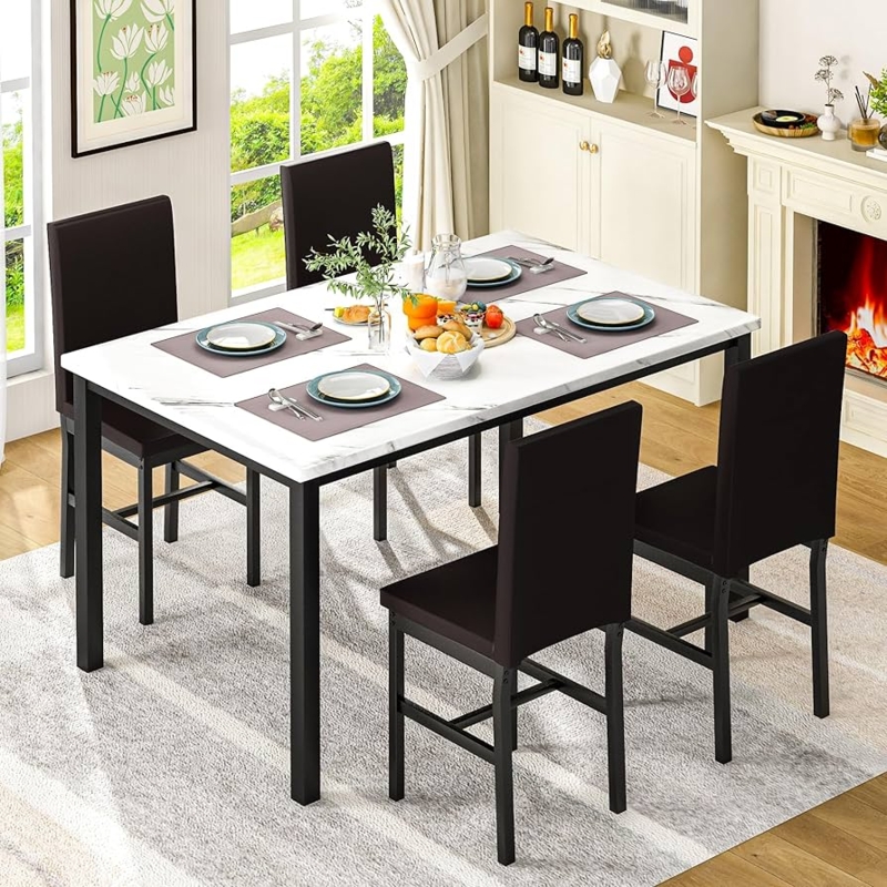 Dining Table Set White Faux Marble Top Black Metal Legs For Small Spaces