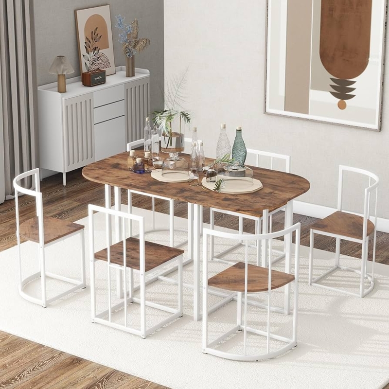 Dining Table Set White Metal Frame Cherry Finish Top 7 Piece Transitional