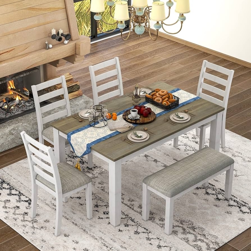 Dining Table Set Whitewashed Counter Height with Padded Bench