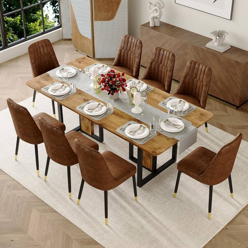 Dining Table Set Wingback Chairs Oatmeal Dark Wood Eight Person