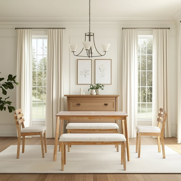 Dining Table Set with Bench Seating Grey Upholstered Ladder Back Modern