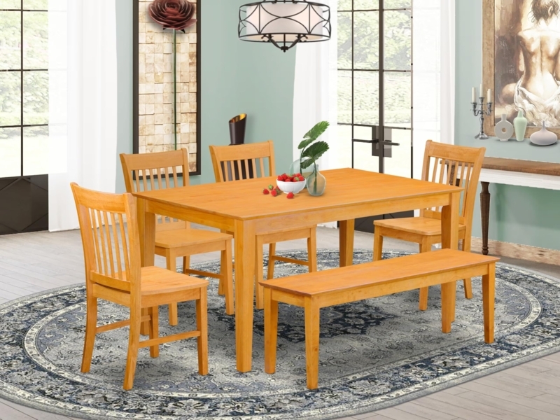Dining Table Set with Bench Slat Back Chairs Light Oak Finish