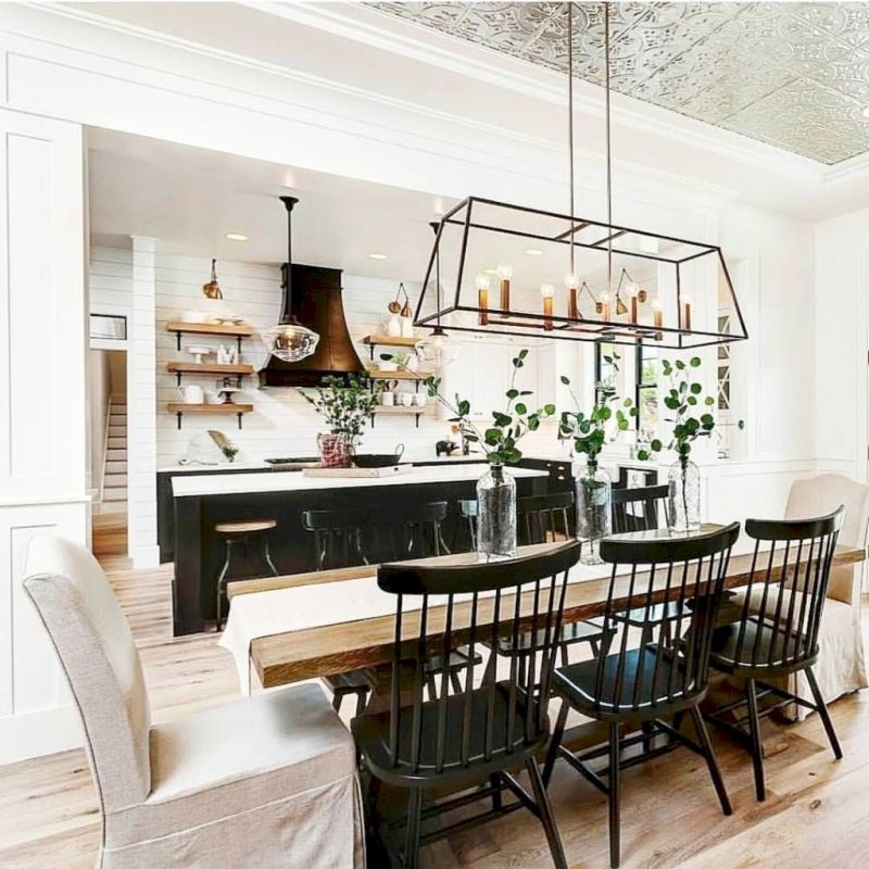 Dining Table Set with Black Spindle Chairs & Bench Modern Farmhouse