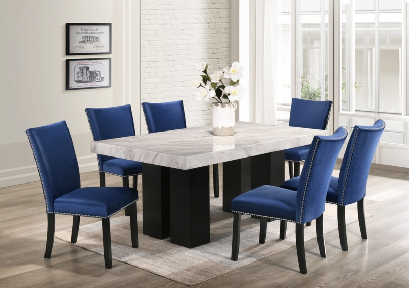 Dining Table Set with Blue Upholstery and Chrome Pedestal Base