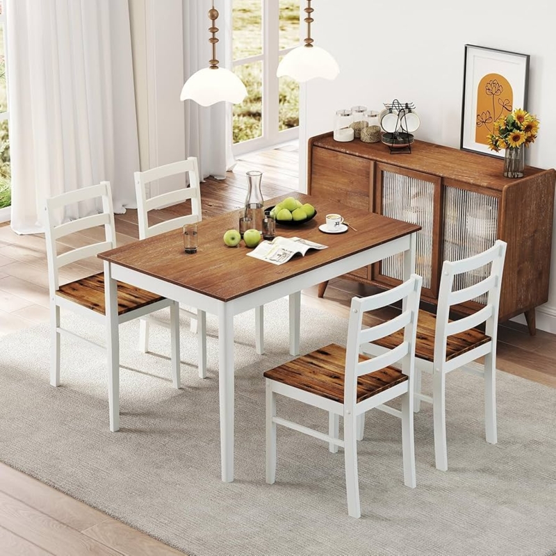 Dining Table Set with Slat Back Chairs, Tapered Legs, Farmhouse Style