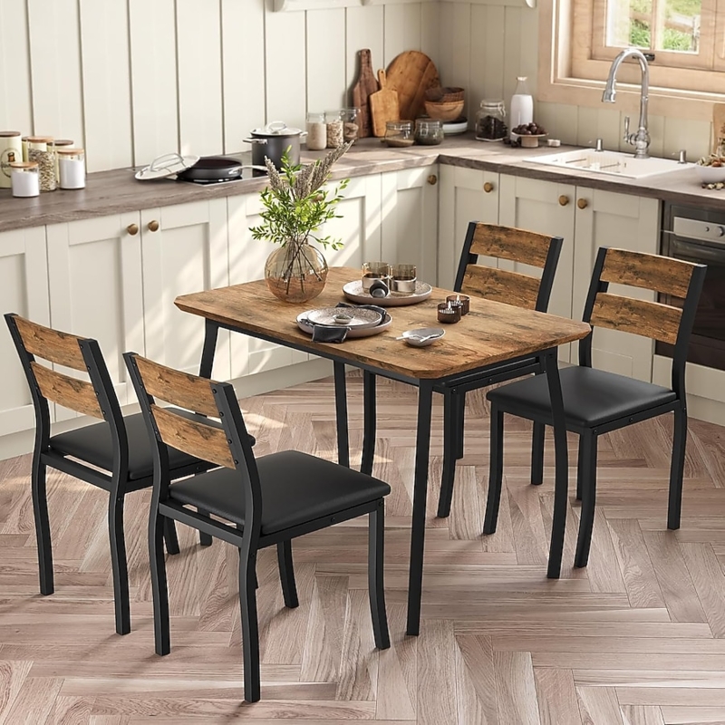 Dining Table Set with X-Back Support Chairs Retro Brown Wood Grain Finish