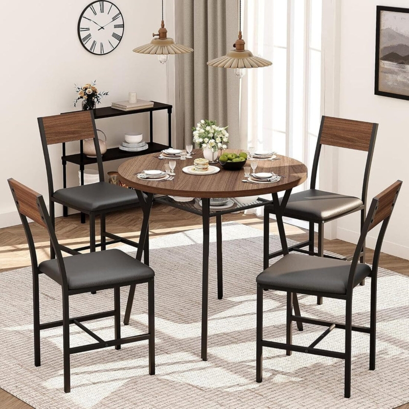 Dining Table Set Woven Back Round Stone Look Top Modern Slim Frames