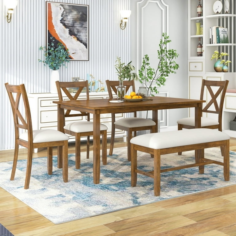 Dining Table Set X-Back Chairs Matching Bench Cherry Farmhouse Style