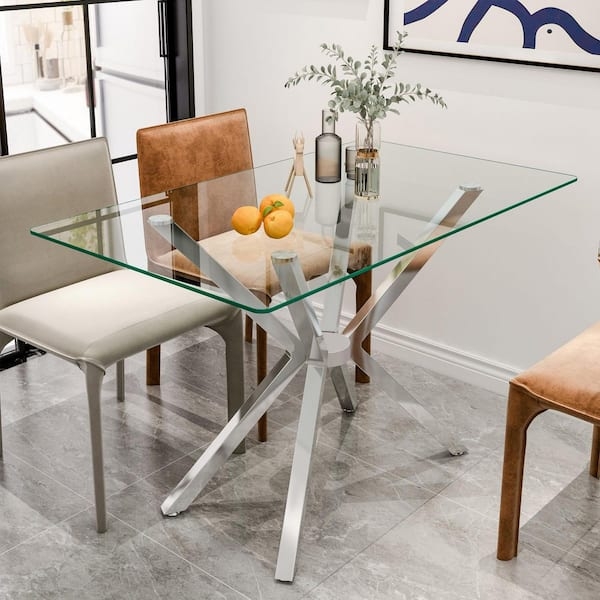 Dining Table Silver Cross Leg Rectangular Glass Top Polished Metal