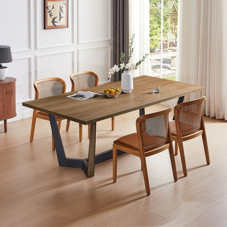Dining Table Splayed Black Metal Legs Walnut Top Minimalist Design