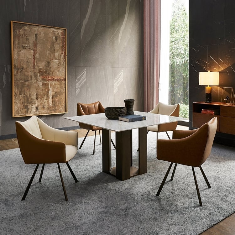 Dining Table Square Faceted Pedestal Base Faux Stone Top