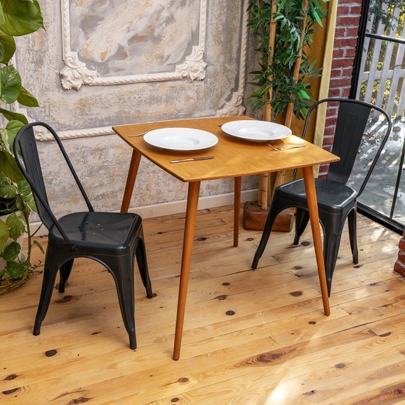 Dining Table Square Minimalist Natural Wood Block Legs Thick Top