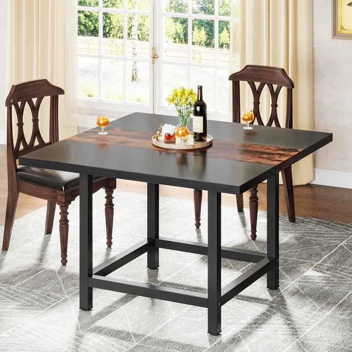 Dining Table Square Wood Black Metal Cross Bracing Industrial Style
