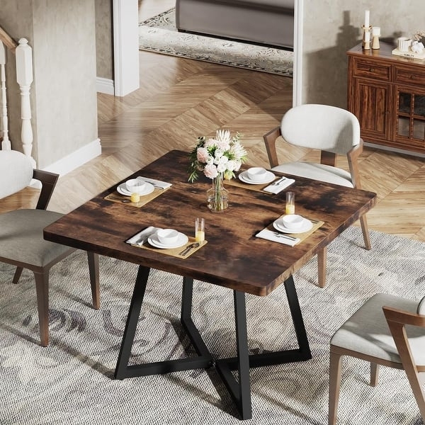 Dining Table Square Wood Top Geometric Metal Pedestal Base Industrial