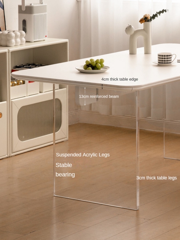 Dining Table Stone-Like Top Chunky Legs Transparent Support Japandi
