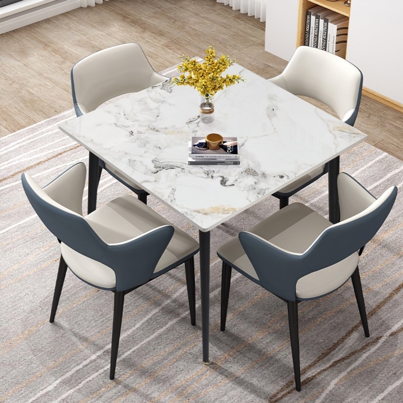 Dining Table, Stone-Like Top with Black X-Frame Metal Base