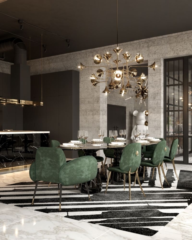Dining Table: Stone Top with Polished Gold Accents and Sculptural Base.