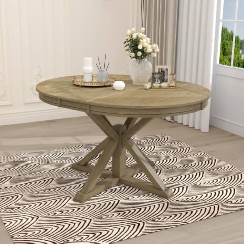 Dining Table Sunburst Grain Round Extendable Top Expandable Kitchen Table