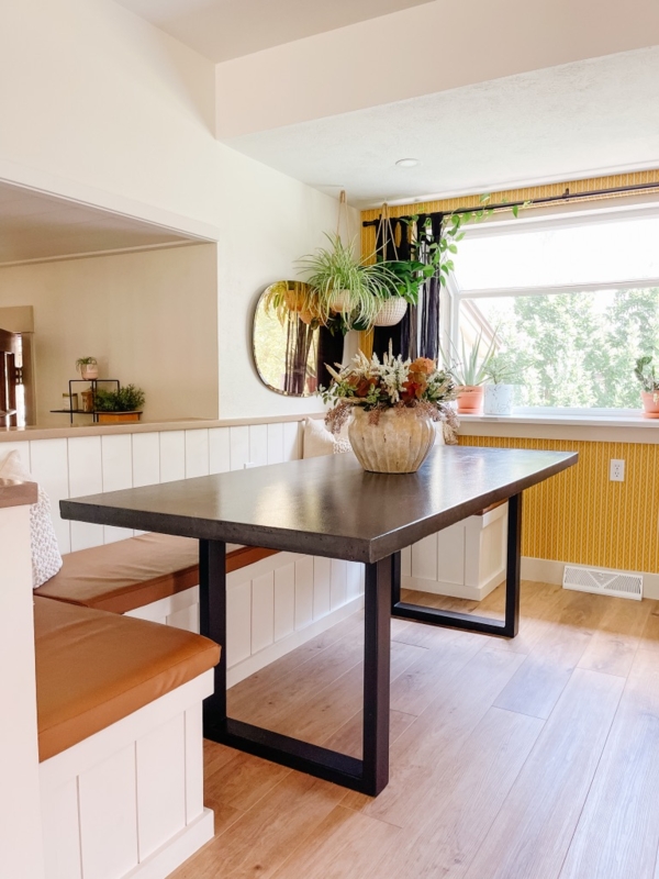 Dining Table Thick Pedestal Block Natural Wood Base Stone-Like Top