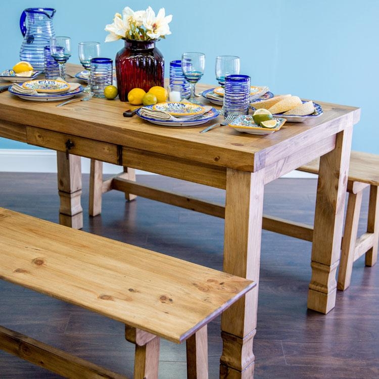 Dining Table Thick Square Legs, Honey Stain Finish, Farmhouse Style