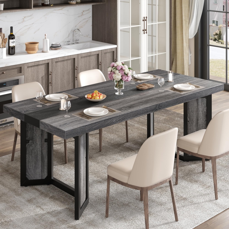 Dining Table Thick Wood Toned Top Black Metal Trestle Base Large