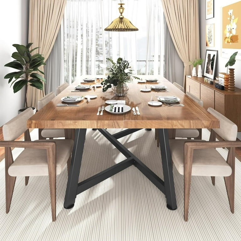 Dining Table Thick Wood Top Black Metal X-Frame Legs Industrial