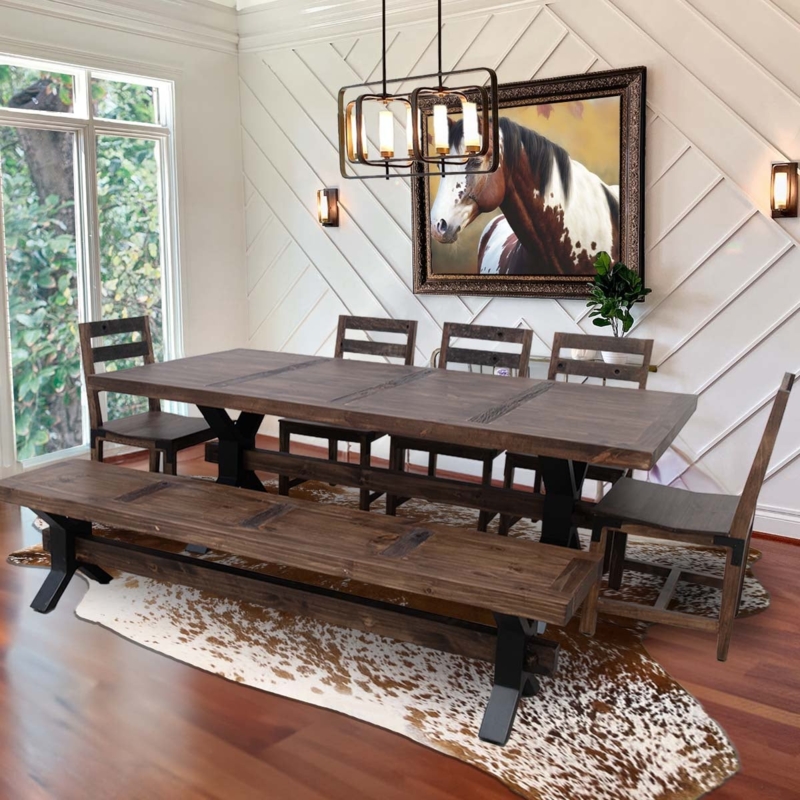 Dining Table Thick Wood Top Metal Trapezoid Base Sturdy Design