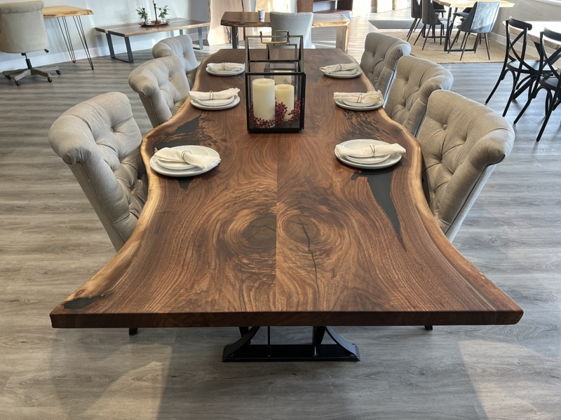 Dining Table Trapezoid Legs Live Edge Walnut Modern Rustic