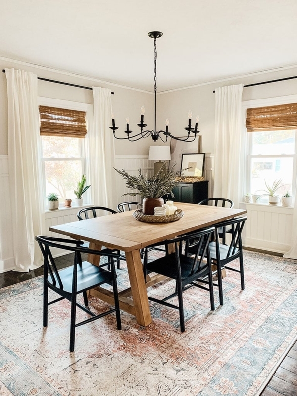 Dining Table Trestle Base Natural Wood, Black Spindle Chairs