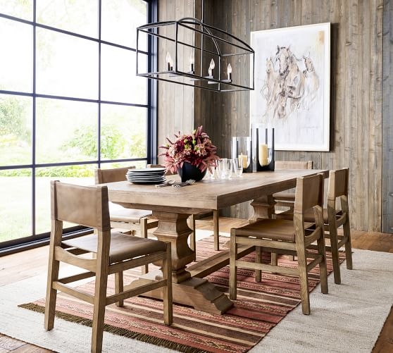 Dining Table Trestle Base Warm Oak Woven Chairs Transitional