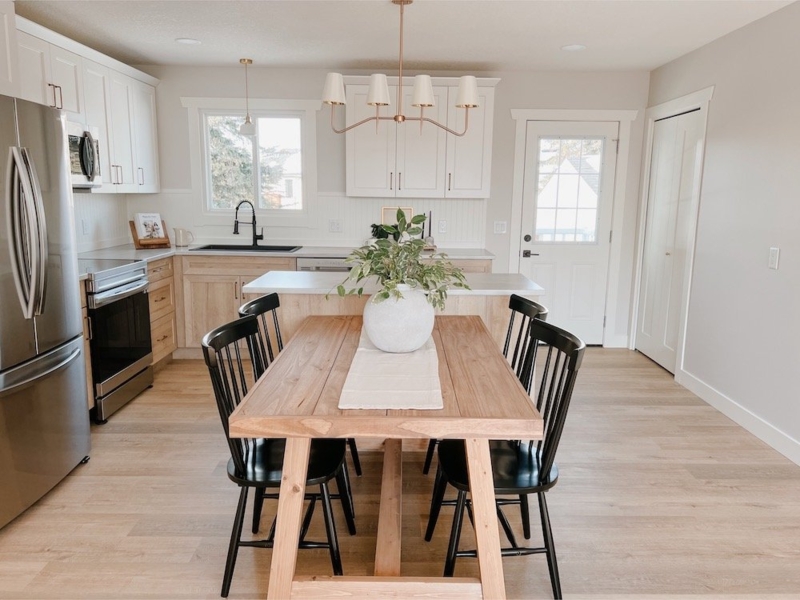 Dining Table Trestle Legs White Shiplap Walls, Spindle Chairs