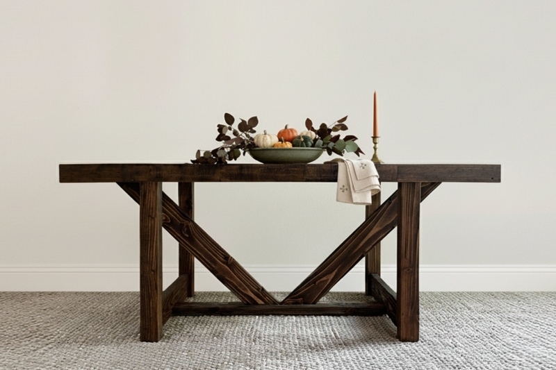 Dining Table Trestle V Base Thick Plank Top Dark Stain Finish