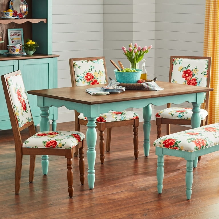 Dining Table: Turned Legs Teal Base Farmhouse Wood Top