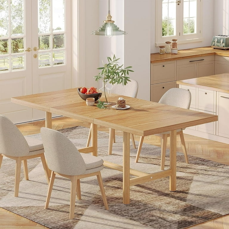 Dining Table Two-Tone White and Light Wood with Chunky Slab Legs