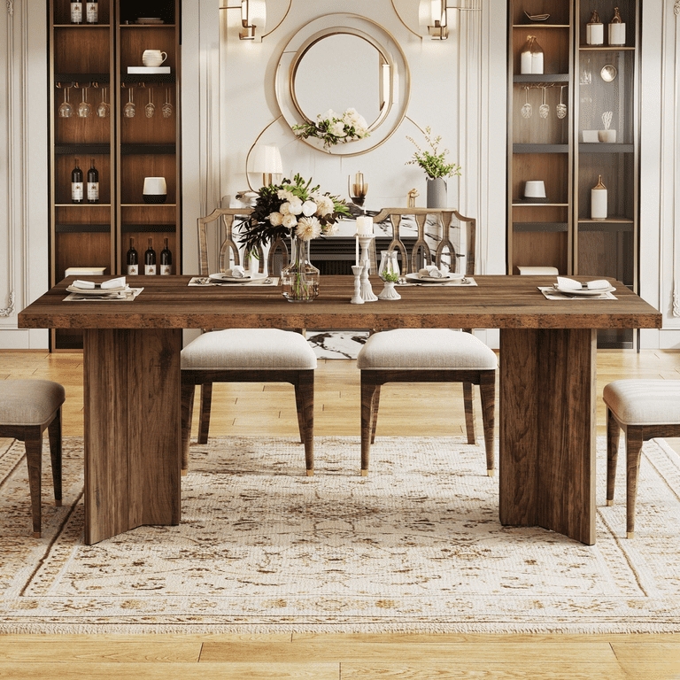 Dining Table V-Shaped Legs Dark Brown Wood Pedestal Base Minimalist