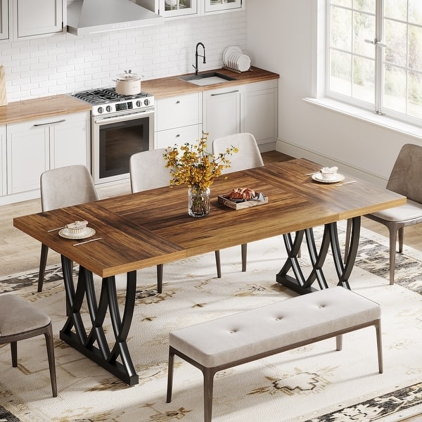 Dining Table, V-Shaped Metal Legs & Wood-Toned Top, 70-Inch